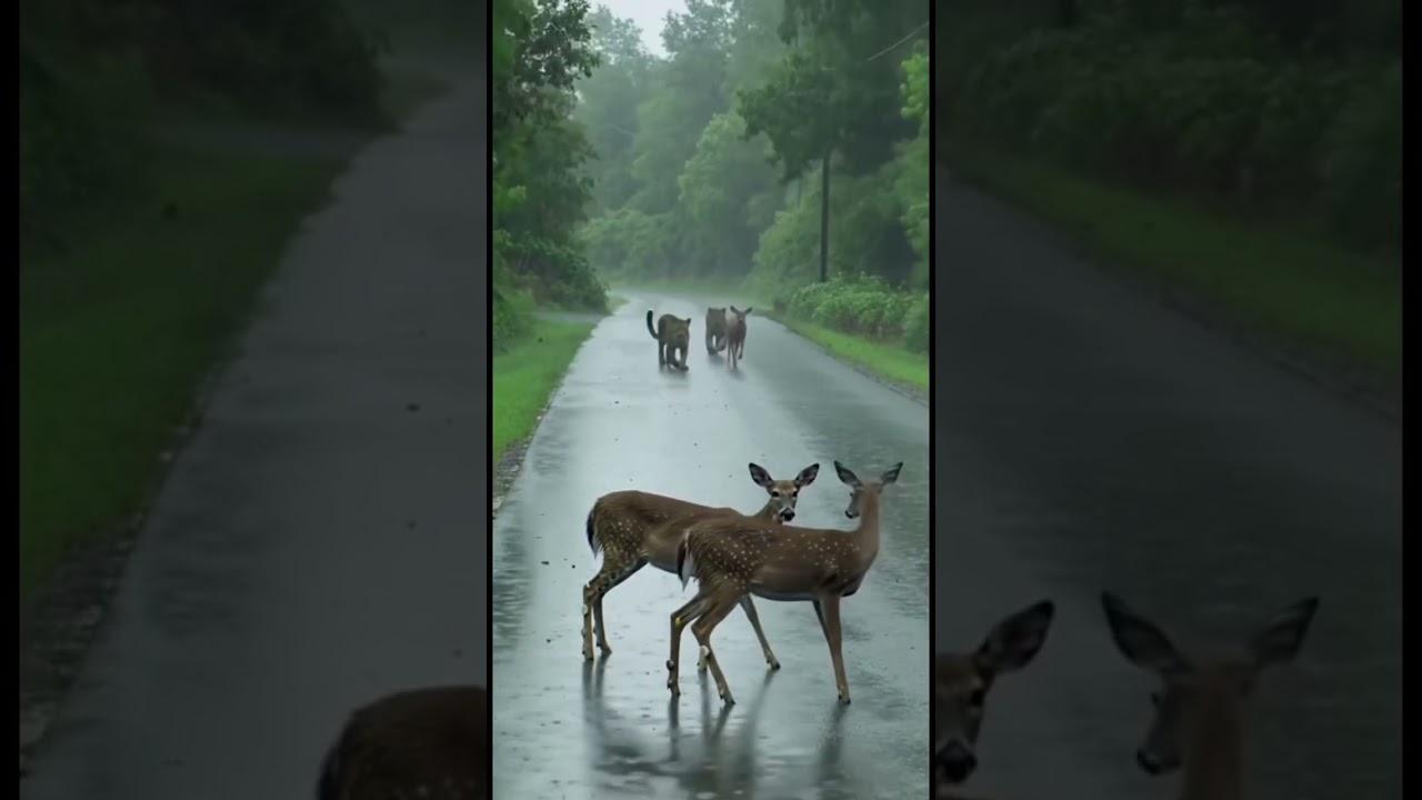 Leopards vs the deer running away on the road #leopard #youtube shorts#viralvideo #animals#shorts#