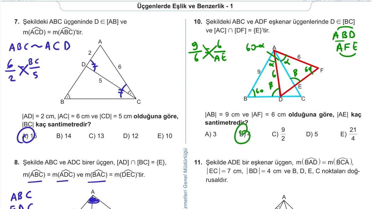 9. Sınıf Matematik Kazanım Kavrama Test 27 (Üçgenlerde Eşlik ve Benzerlik) Çözümler