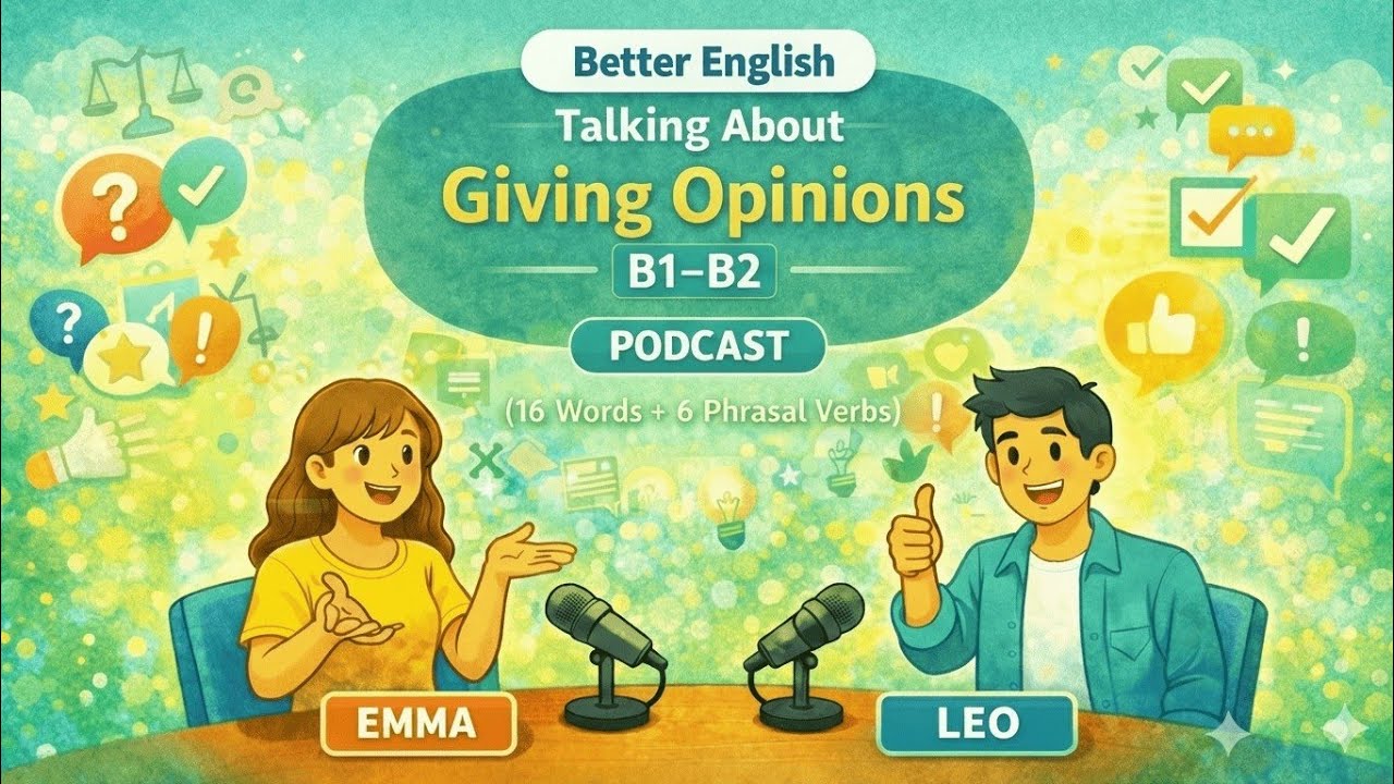 Talking About Giving Opinions in English | B1- B2 Podcast (16 Words + 6 Phrasal Verbs)