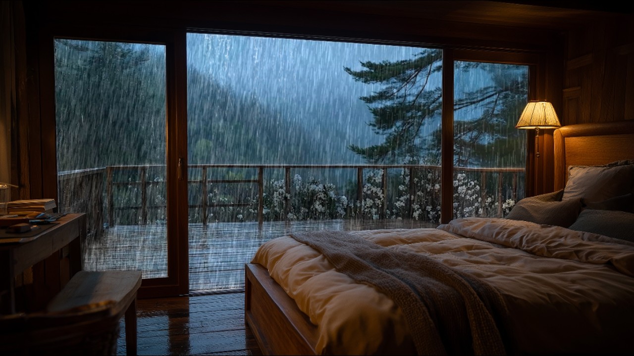 Night Soft Rain Sounds for Sleeping | Rest in Mountain Balcony View Bedroom 😌