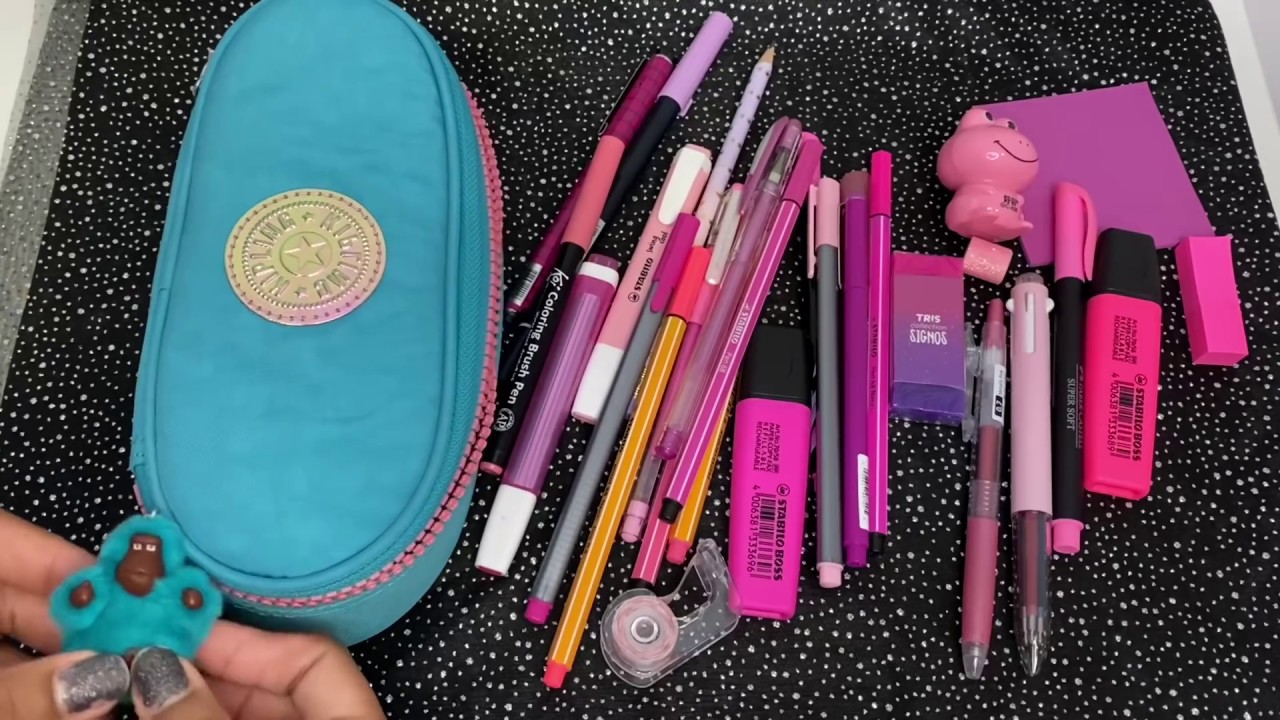 Organizando meu estojo kipling só com material escolar rosa 2020