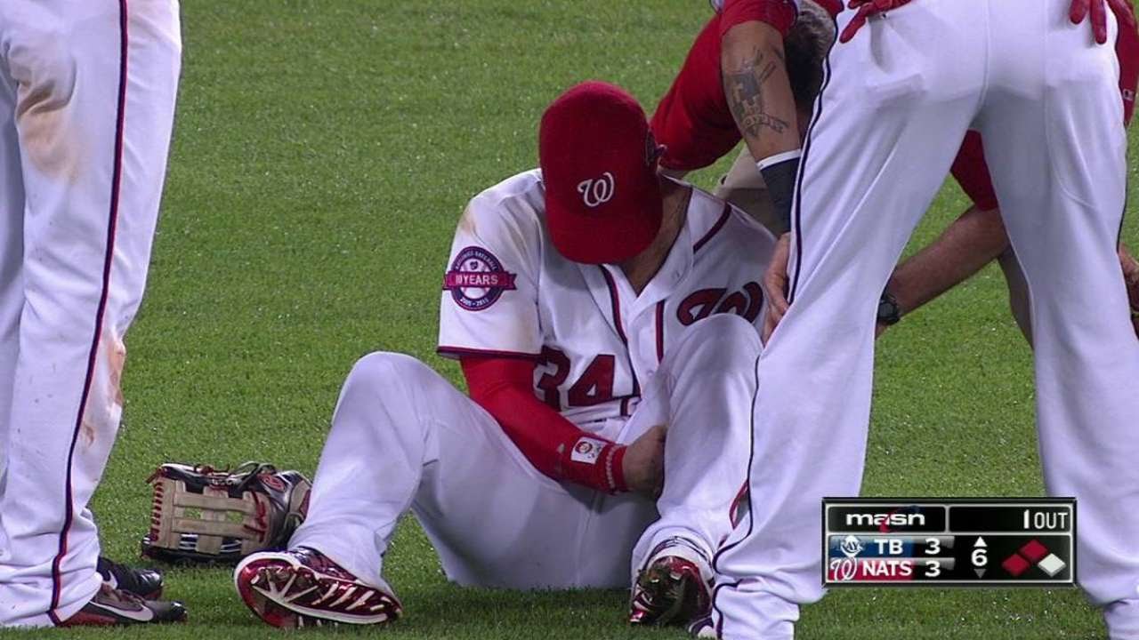 TB@WSH: Harper injures hamstring, leaves game