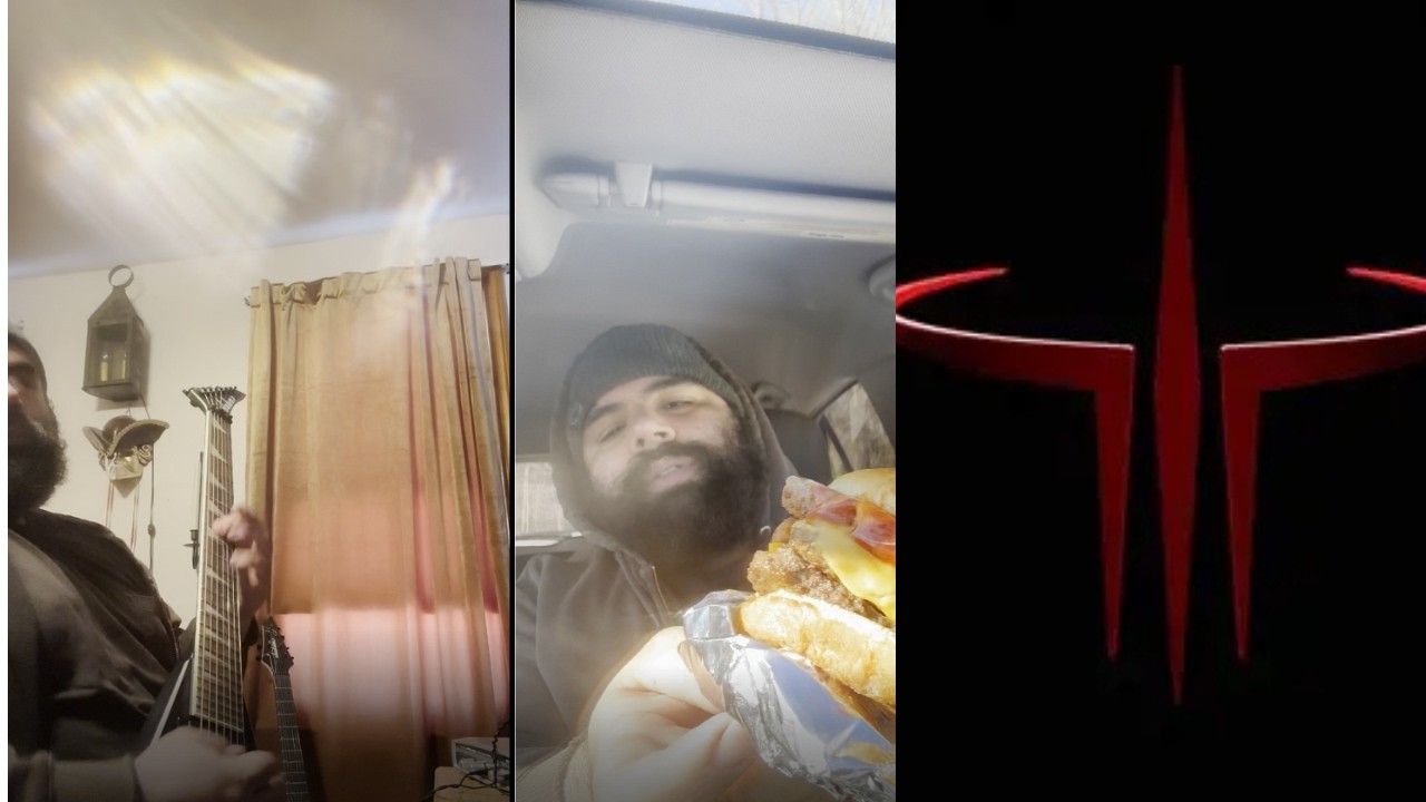 Guitar player plays riff, Eats Wendys Baconator, and plays Quake 3 Arena.