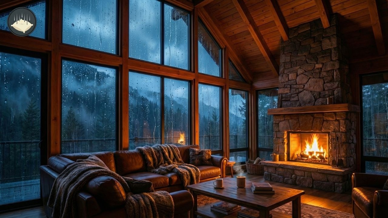 Cozy Mountain Lodge ⛈️ Thunderstorm & Crackling Fireplace for Sleep & Study | 3 Hours