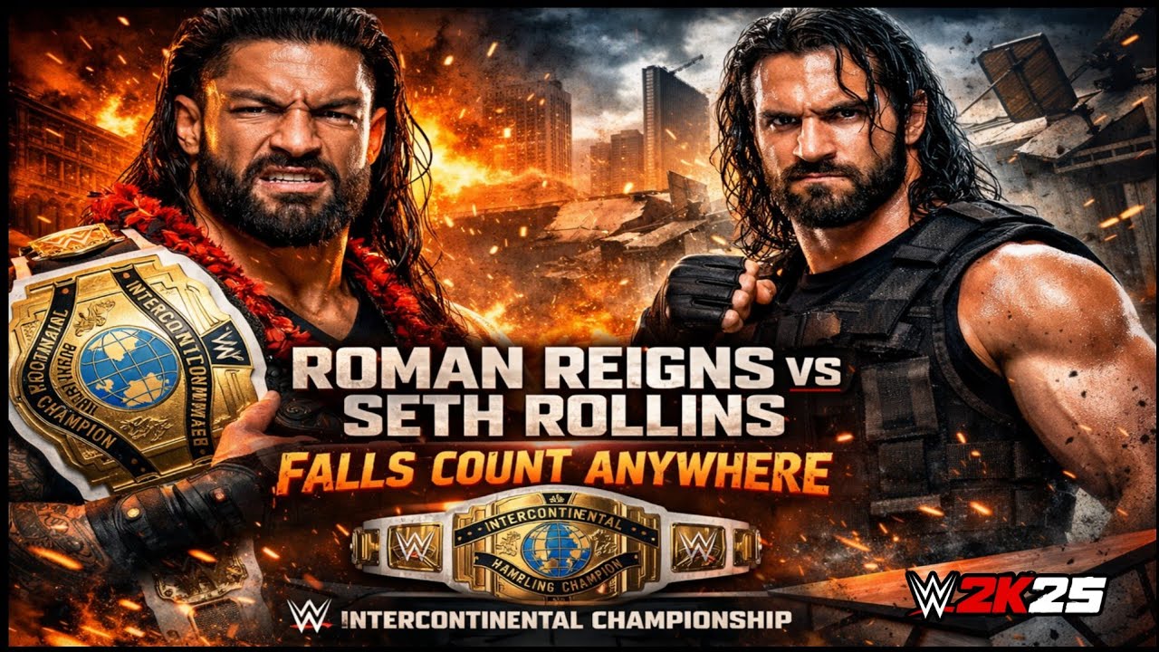 Roman Reigns vs Seth Rollins Shield Attire Falls Count Anywhere Match For Intercontinental WWE 2k25 