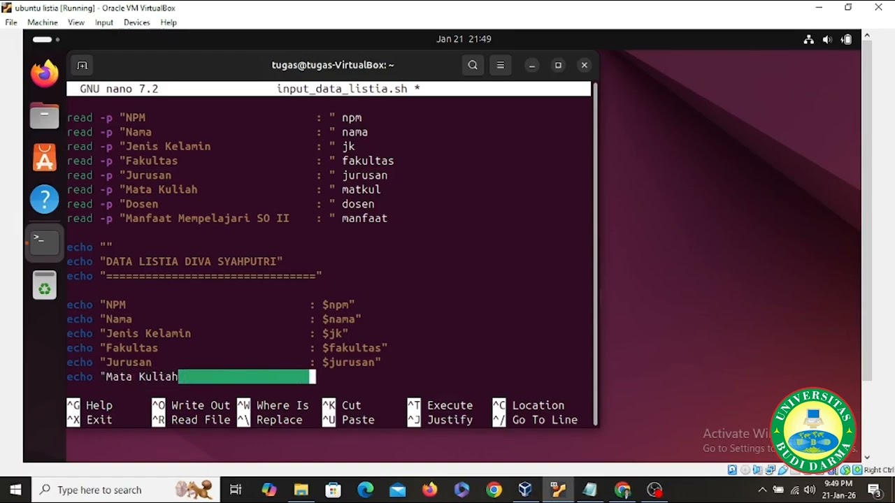 Program Shell Penginputan Data versi Ubuntu | Virtualbox 