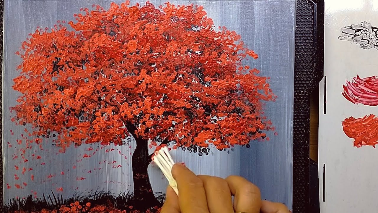 How to Paint Red Tree ❤️  Cotton Swab /Acrylic Painting Landscape on Canvas/ For Beginners