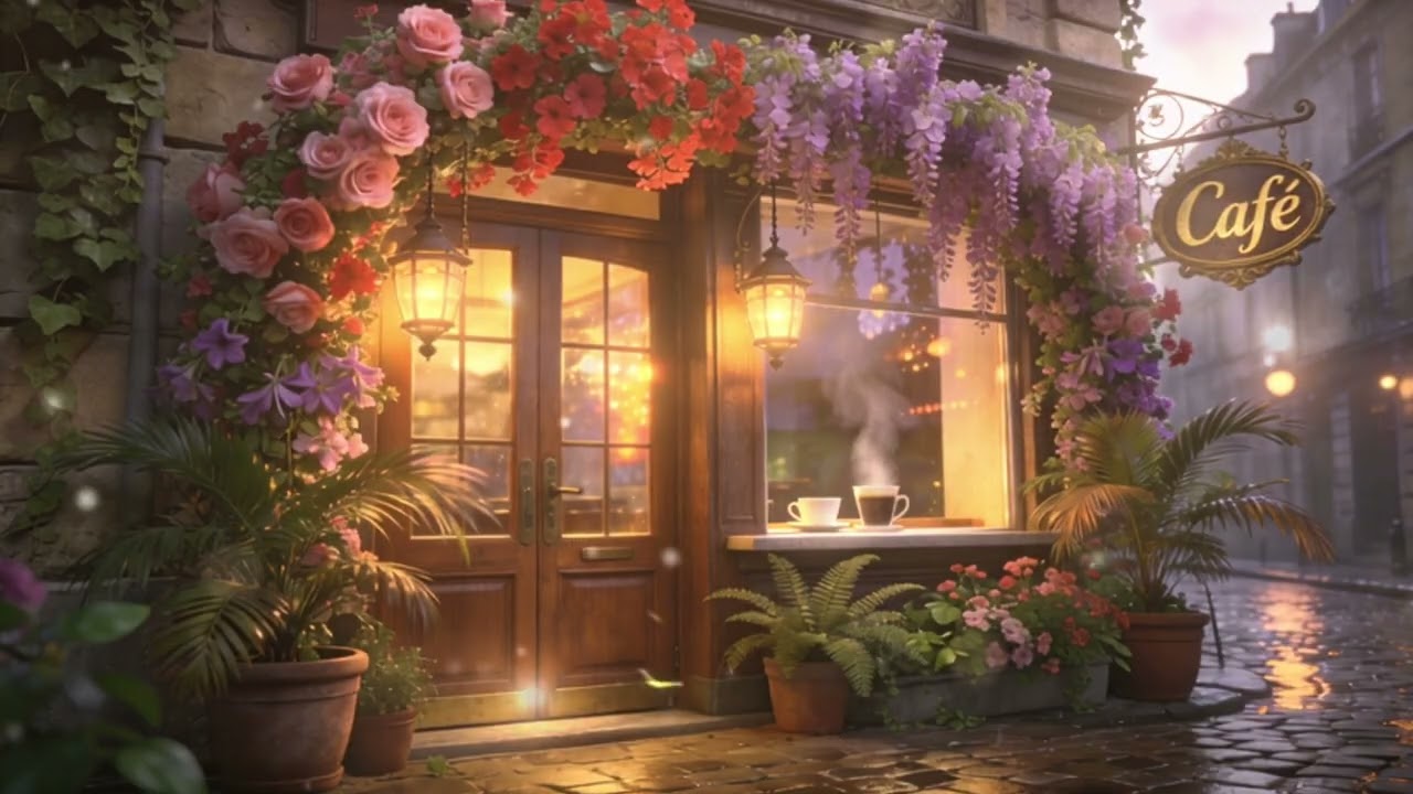 A Floral Cafe Entrance, Warm Jazz in Golden Hour | Velvet Smooth Jazz Playlist
