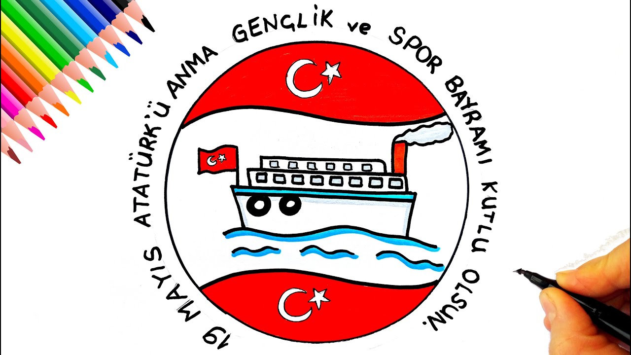 19 Mayıs Resmi Çizimi - Vapur Çizimi - Bandırma Vapuru Çizimi - 19 Mayıs Resmi Nasıl Çizilir?