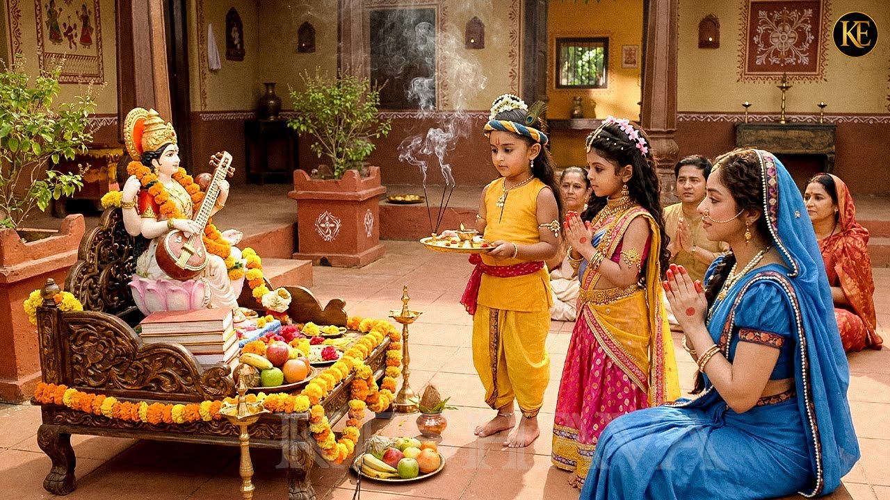 बसंत पंचमी पर बाल कान्हा द्वारा राधा और मैया संग विद्या देवी पूजन || YMKN  || Shree Krishan leela