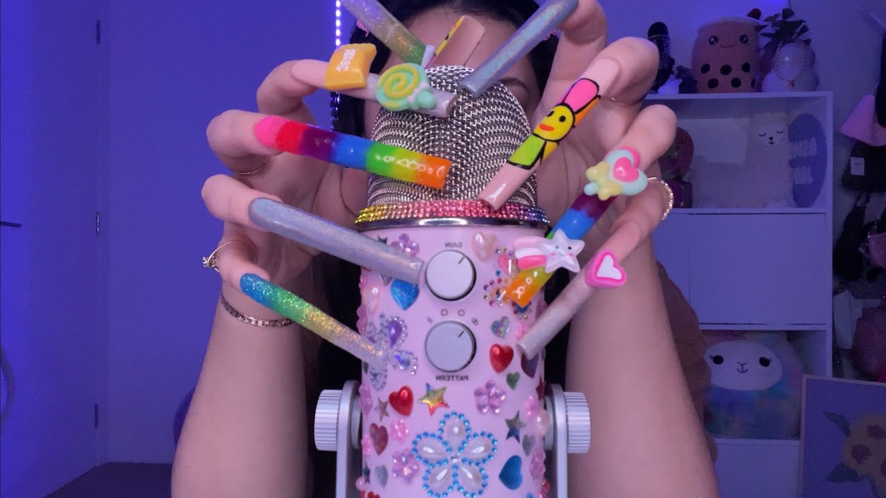 ASMR mic scratching with REALLY LONG NAILS 💚🌈💖 ~with foam cover and no cover~ | Minimal Whispers