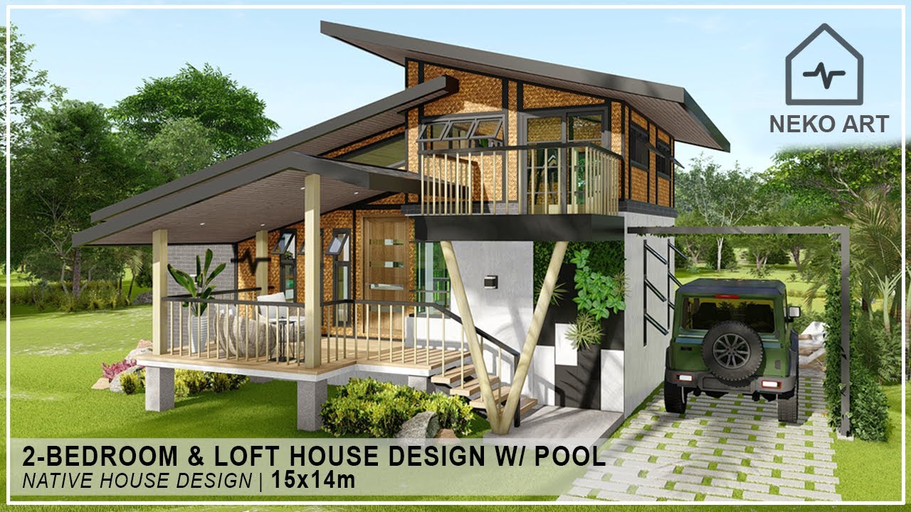 EP- 67 | 2 BEDROOM & LOFT NATIVE HOUSE Design with POOL | Modern Bahay-Kubo House Design | NEKO ART