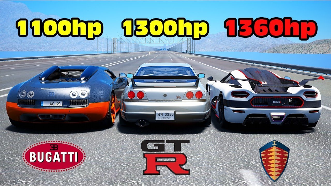 1300HP Nissan GTR R33 vs Koenigsegg One:1 vs Bugatti Veyron DRAG RACE