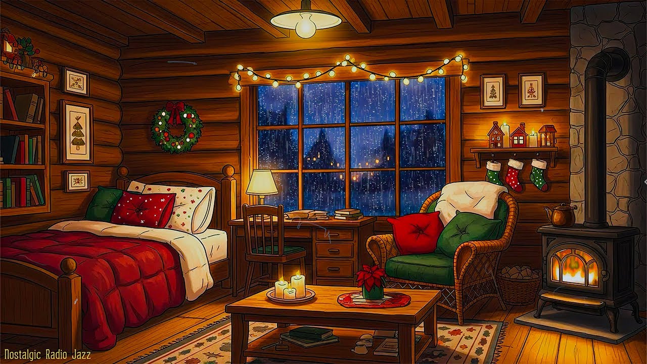 cozy rainy night 1940s with oldies playing in another room🌧️warm fireplace & rain sounds for sleep