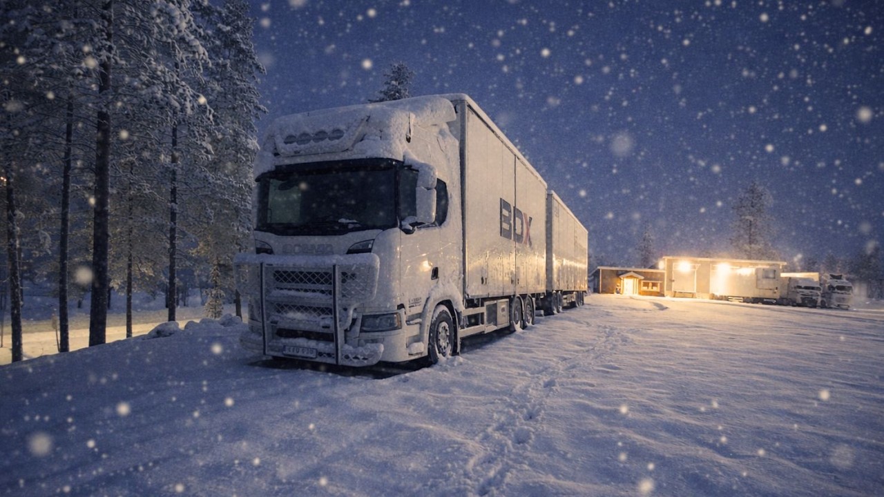 Snow and more snow. Work as a truck driver in Sweden