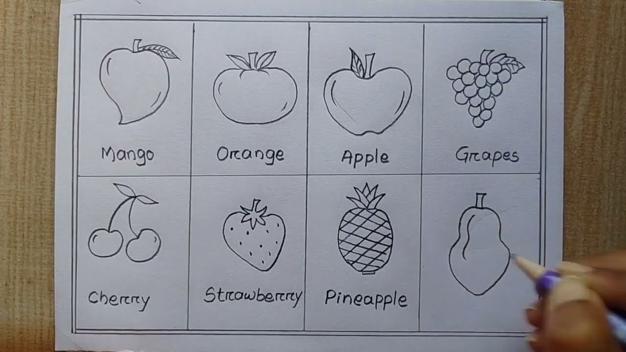 Different types of Fruits drawing| How to draw 8 different type Fruits| Fruit chart| Pencil drawing