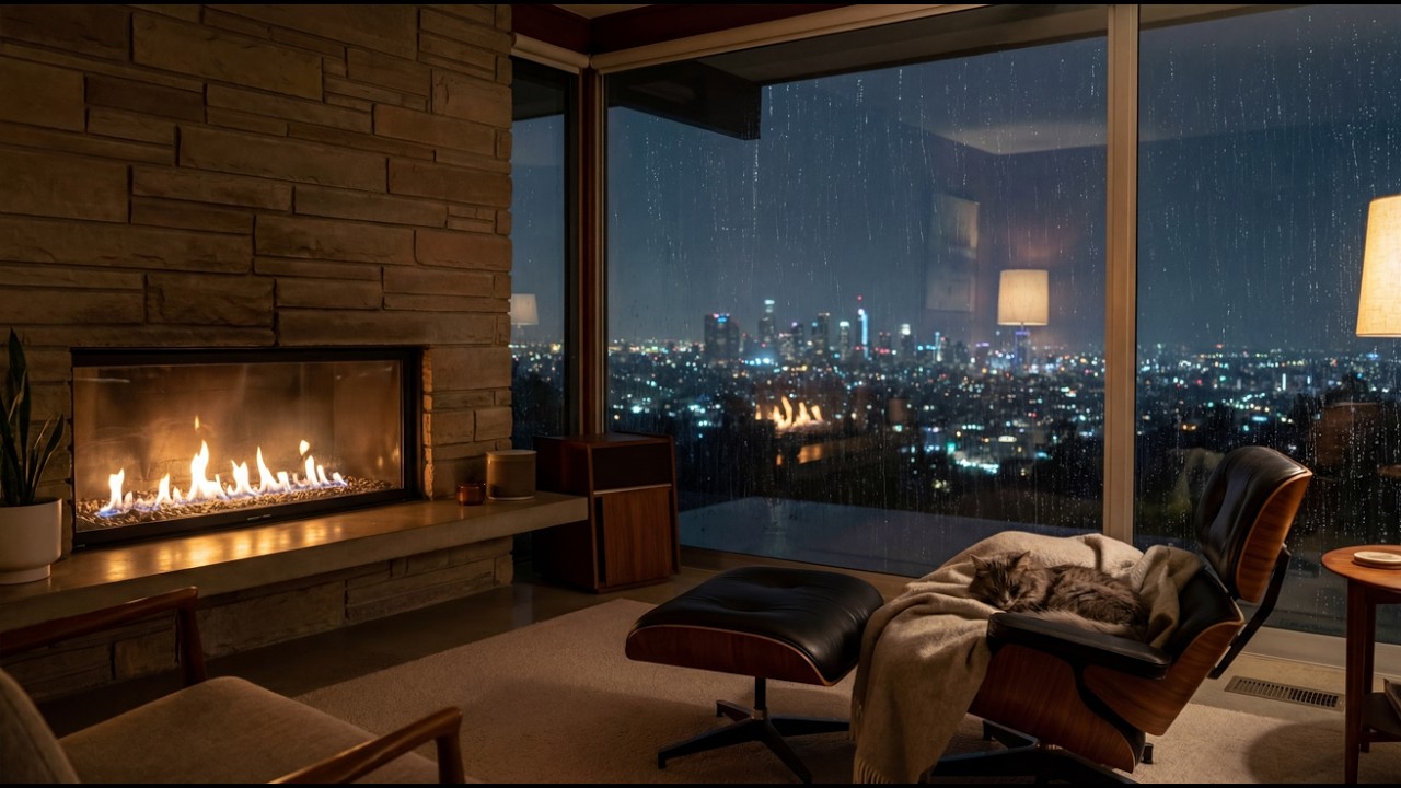 Cozy Rainy Night Over the City | Fireplace Ambience & Sleeping Cat | 4K 2 Hours