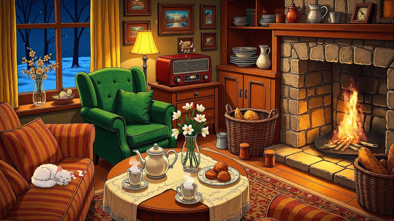 1950's Cozy Night Listening to Soft Oldies Playing in Another Room for Unwind (Fireplace Sounds)