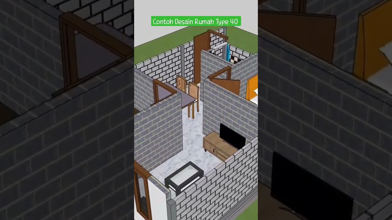 Desain Rumah Type 40 dengan 2 kamar tidur dan 1 kamar mandi. Luas tanah 10x20m.