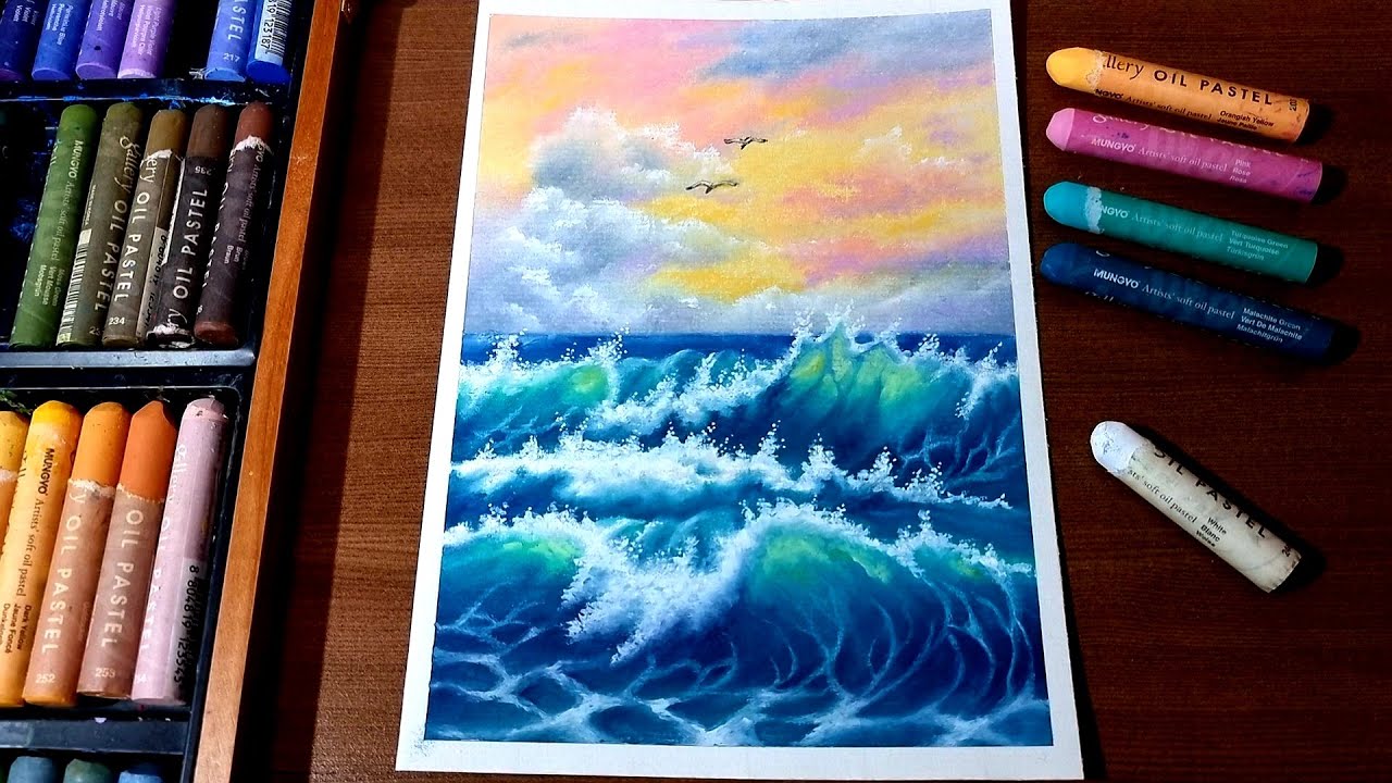 오일파스텔로 파도치는 바다풍경 그리기(파스텔톤 하늘)/ Drawing a wavy seascape with oil pastel(Pastel tone sky)