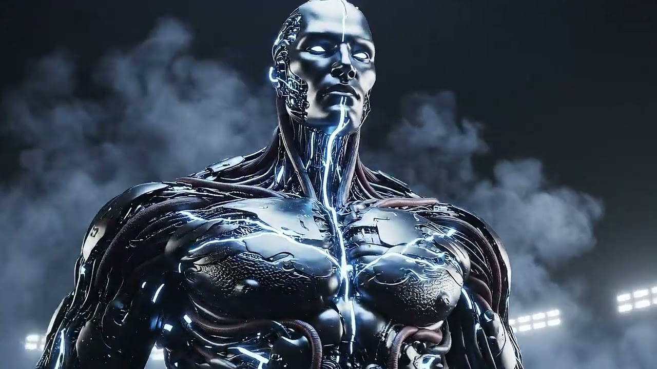 Cinematic futuristic 3D visual, abstract cyber organic humanoid figure emerging from darknes