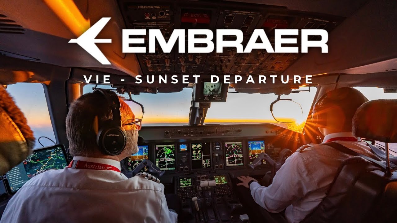 VIENNA | EMBRAER 195 COCKPIT TAKEOFF - SUNSET DEPARTURE