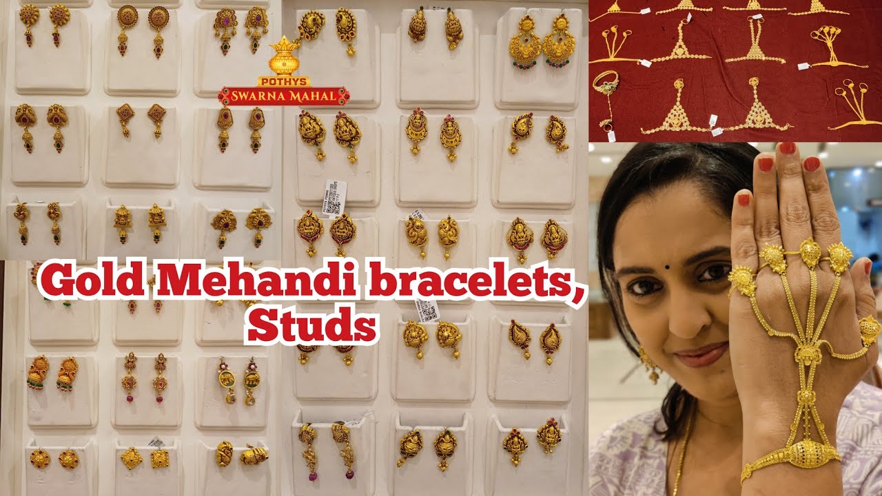 Gold Mehandi bracelets with rings | 4g Onwards Antique Studs, Temple Earrings |  Pothys Swarnamahal