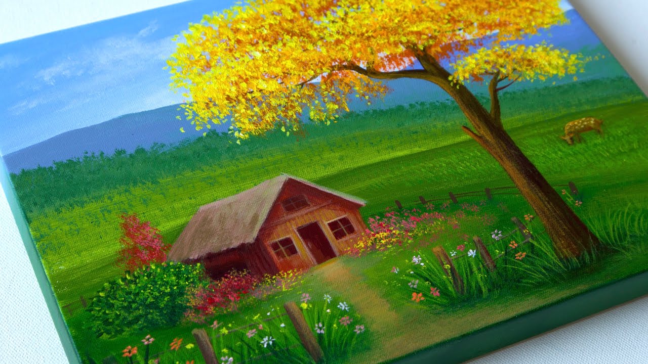 Country Landscape Painting | Yellow Tree & Old Cabin | Acrylic Painting