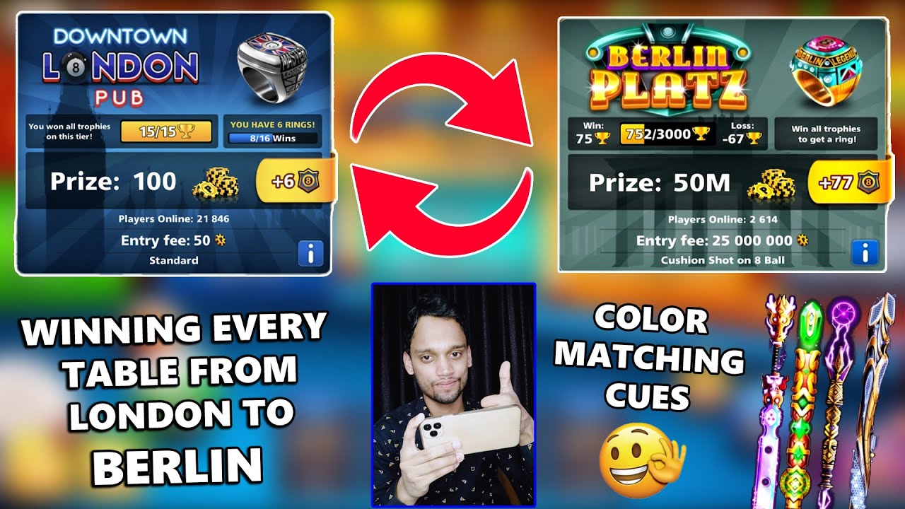 I Won Every Table From London To Berlin In 8 Ball Pool (matching cues)😋