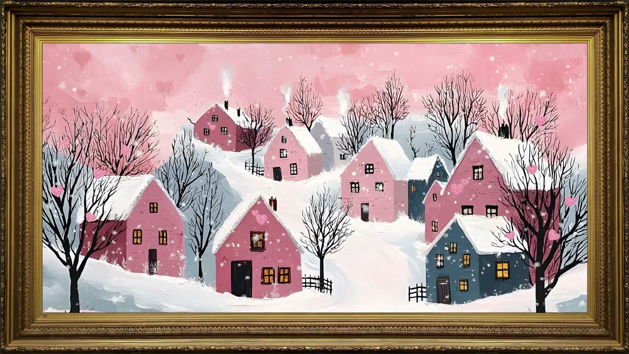Valentine Village in Winter, Vintage Oil Painting | Framed TV Art Screensaver with Romantic Music