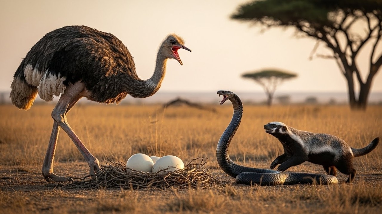 Fierce Clash Over Ostrich Eggs: Cobra vs Ostrich - The Honey Badger Appears  | Animal Fights