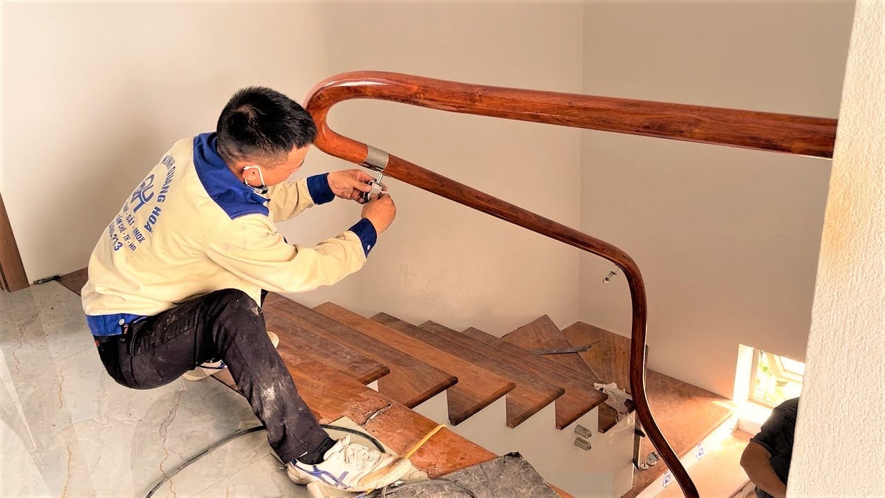 WoodWorker Install Wooden Stair Handrail In The New House || How Design & Build Wooden Stair Railing