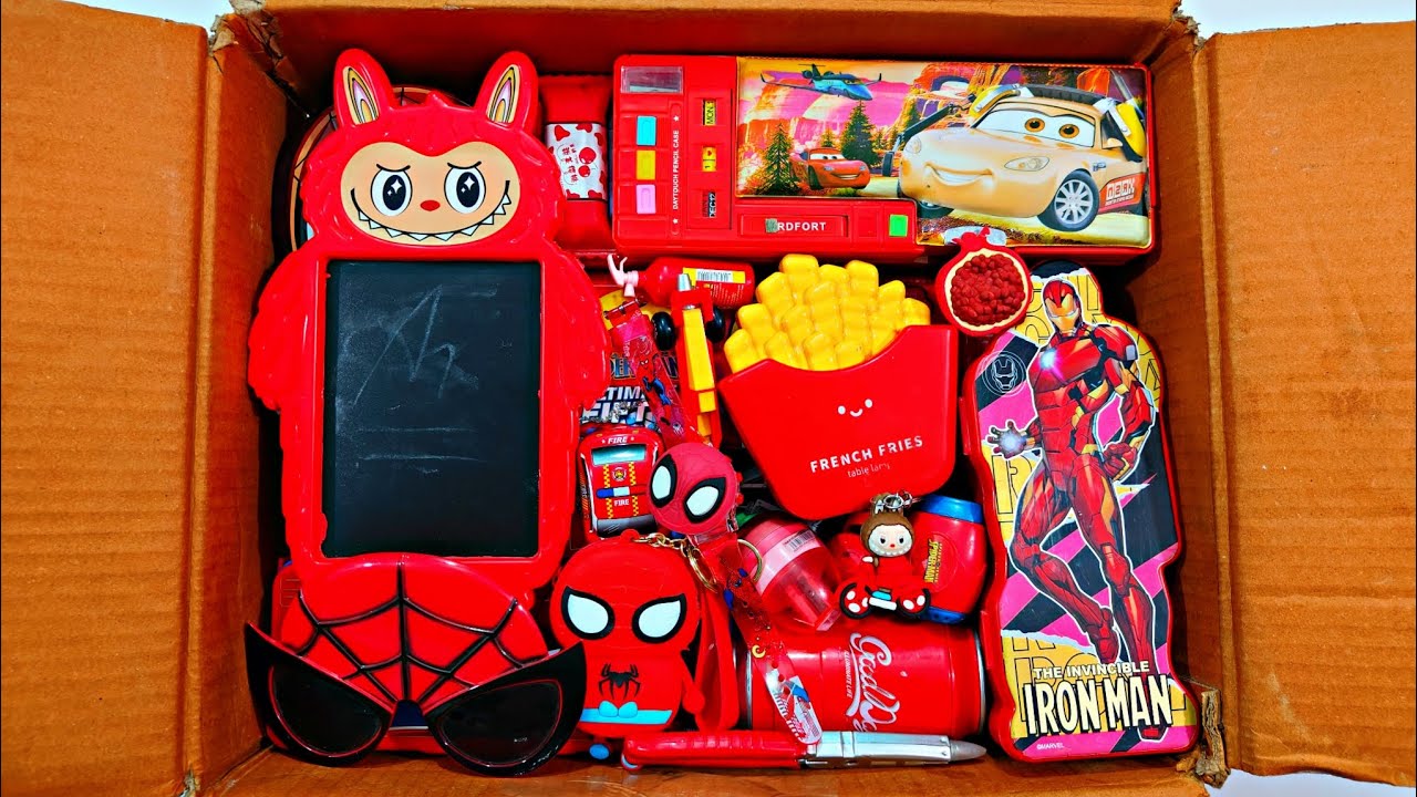 Unboxing Red Stationery Items, Pencil Box, Writing Board, Table lamp, Eraser, Pen, Sharpener, Pouch