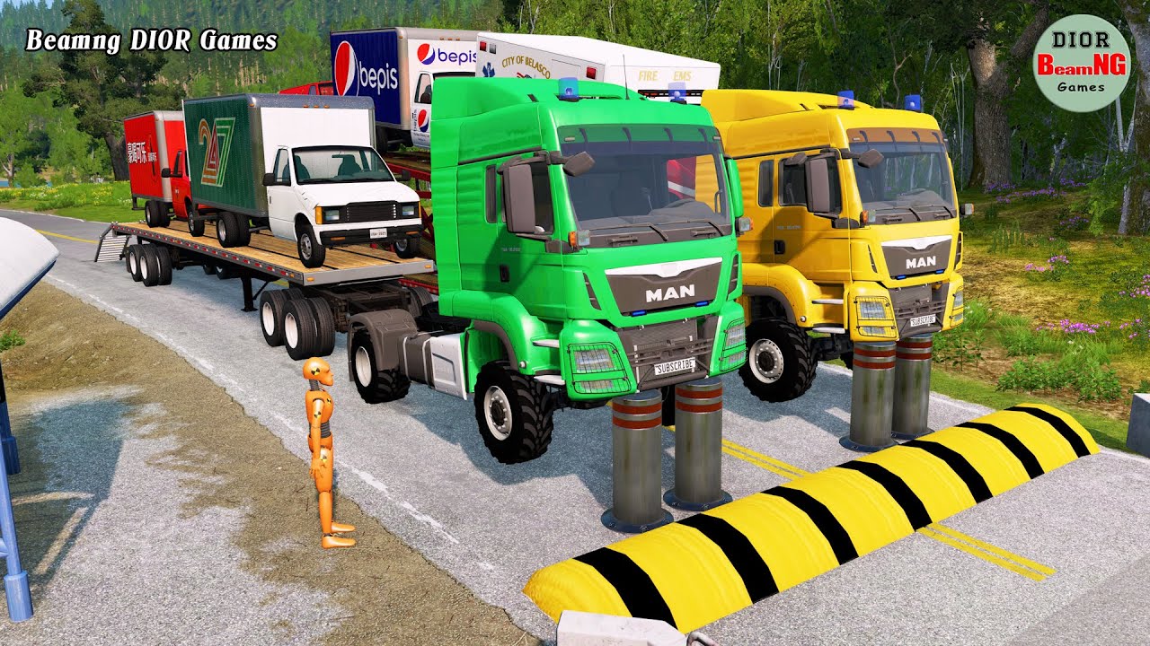 Double Flatbed Trailer Truck vs speed bumps|Tractor vs Train|Beamng Drive|228