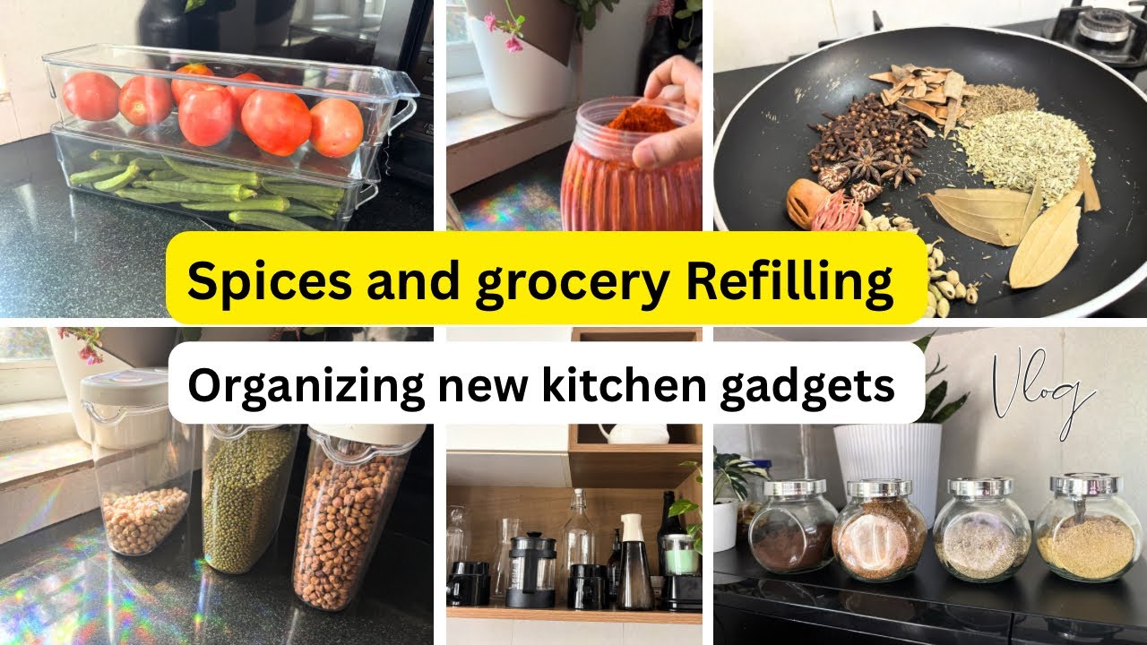 Spices and grocery refilling #organizing #newkitchengadgets #spices #grocery #refilling 