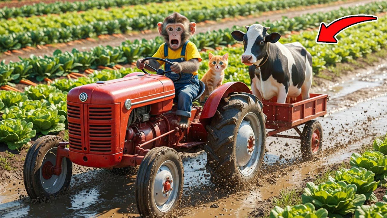 Monkey Bonbon Drives Tractor Through Farm to Rescue an Injured Cow & Fix Tractor Crushed by Mountain