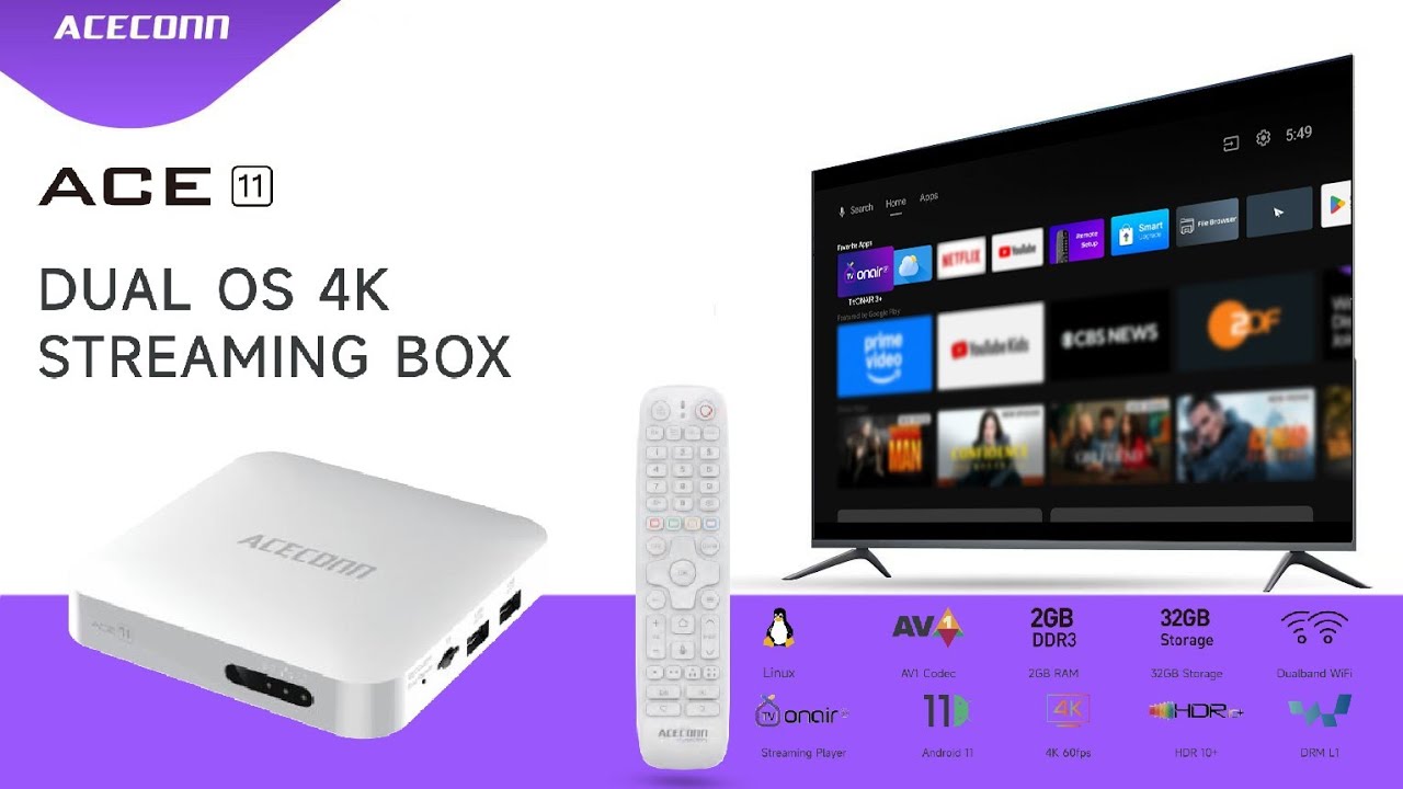 4K Dual OS(Andriod or Linux System)TV Box ACECONN ACE11 TVONAIR3+ platform 2GB 32GB BT Remote