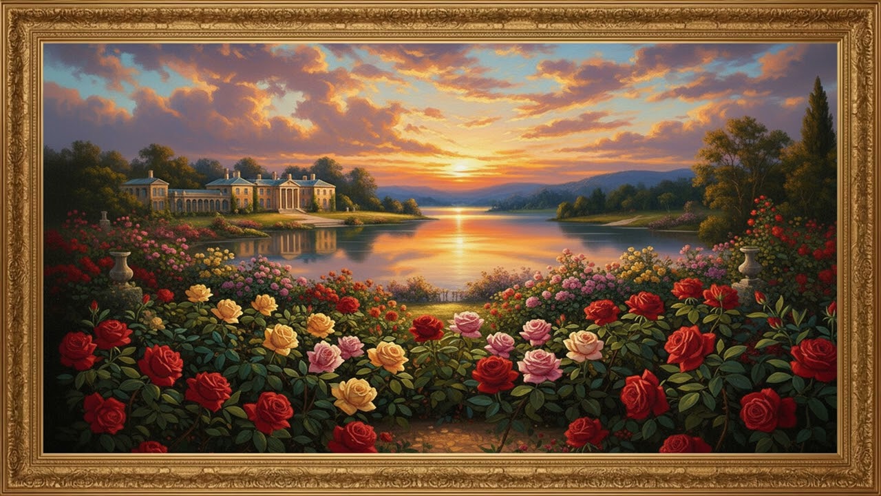 Lakeside Country Estate in Golden Light | Elegant Landscape Canvas