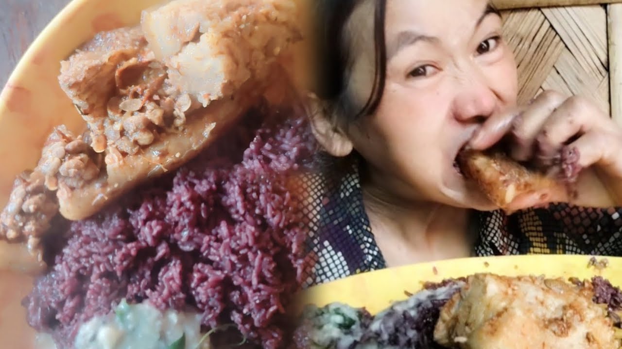 Mukbang with smoked pork local rice and yam curry|| 