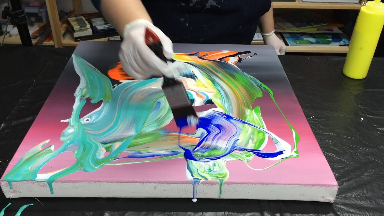 Abstrakte Acrylmalerei | Acrylfarben verblenden | dynamische Farbspritzer mit Acrylic Pouring Farben