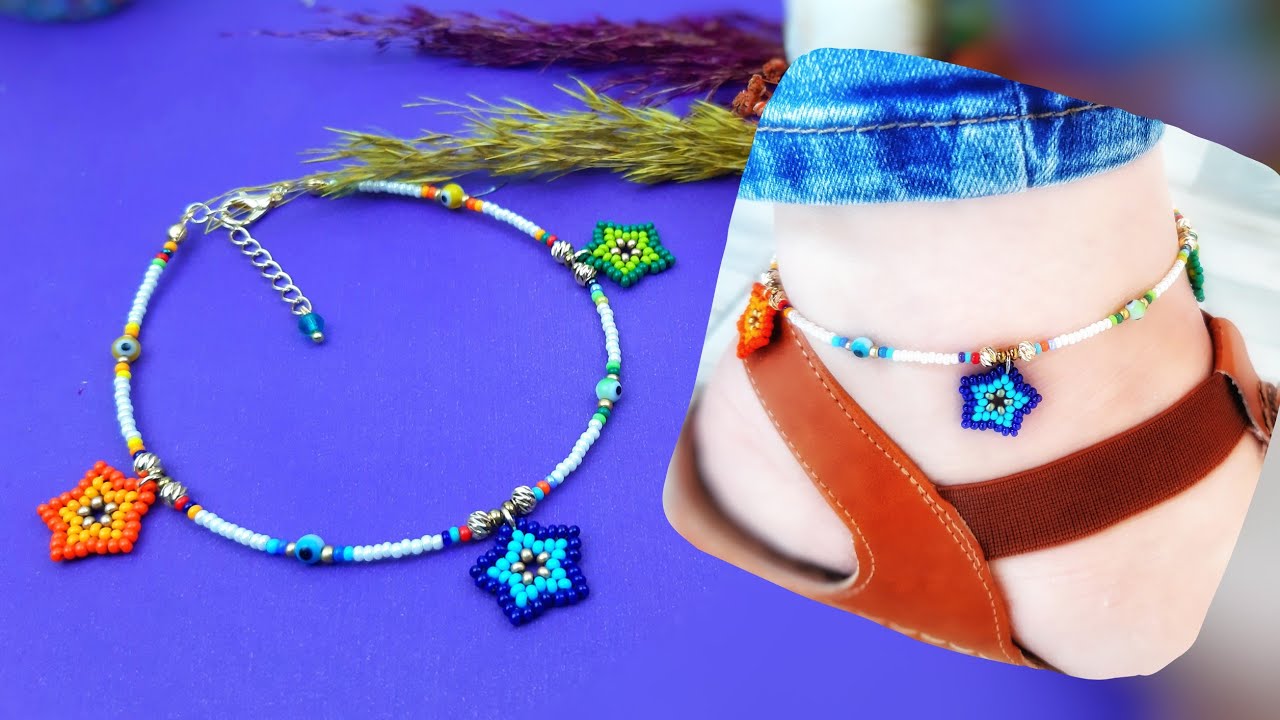 ⭐Boncuktan Zarif yıldızlı halhal yapımı⭐ #Beaded star #anklet making. #tutorial