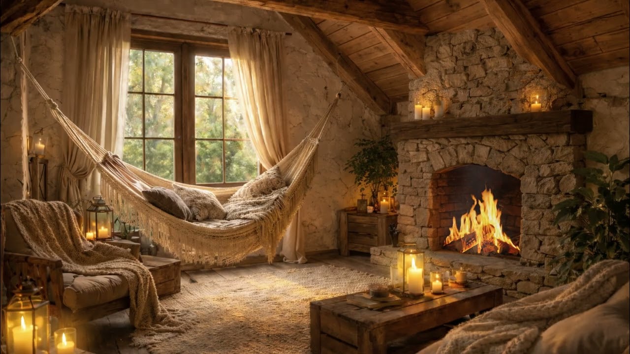 Cozy Cabin Hammock by the Fireplace 🍂 | Warm Rustic Ambience & Soft Candlelight