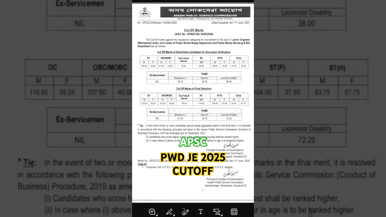 APSC PWD JE 2025 CUTOFF #apsc
