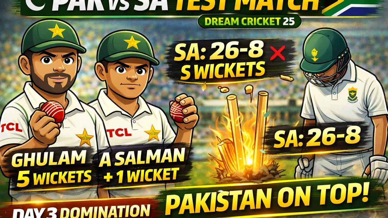 DAY 3 DOMINATION 🔥 | SA Collapse for 26/8 | Kamran Ghulam 5 Wickets | PAK vs SA | Dream Cricket 25 |