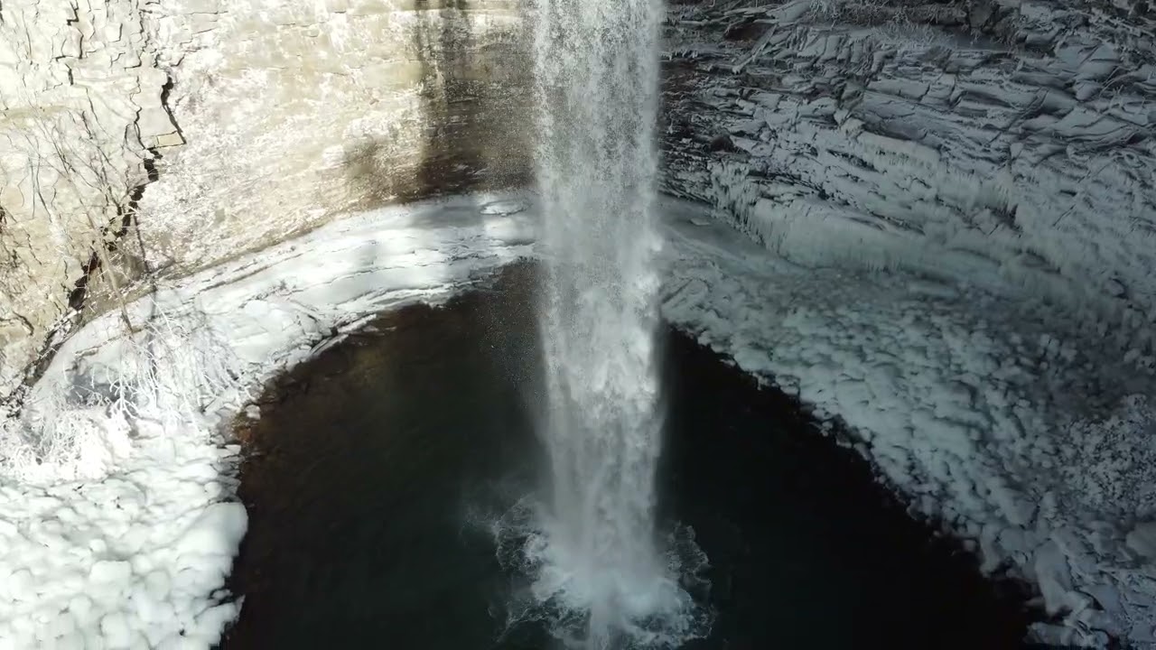 Ozone Falls, Tennessee - winter - descending into bowl with drone