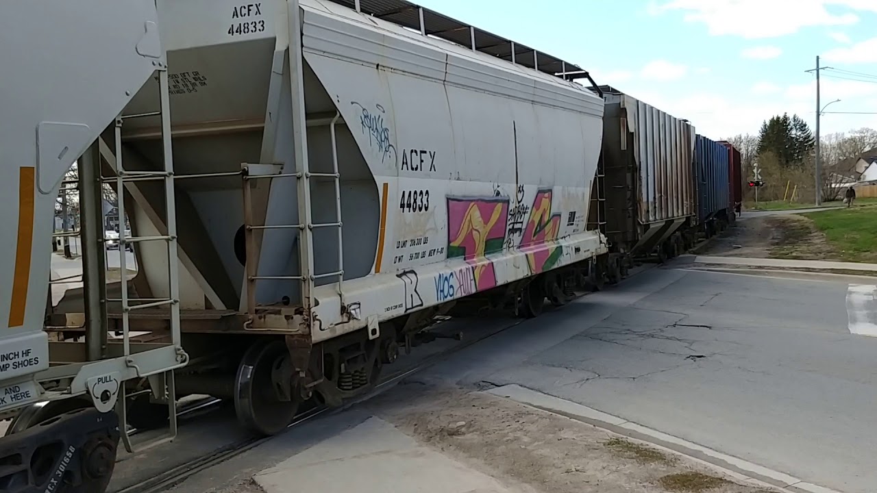Long CP T08 crawls through Peterborough Ontario on the Havelock sub 5/05/19