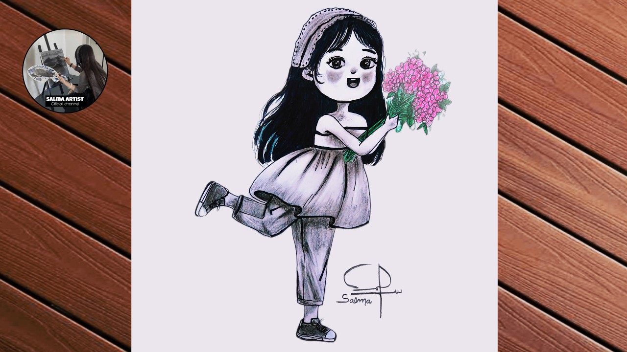 How To Draw Cute Girl Pencil Drawing with Flowers | Salma Artist