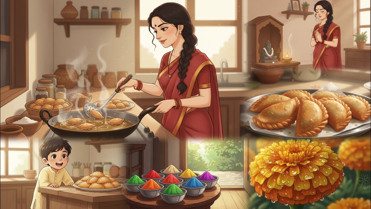 Holi Morning with Maa 🌸 | Making Traditional Gujiya in a Red Saree | Cozy Ghibli-Style Festival ASMR