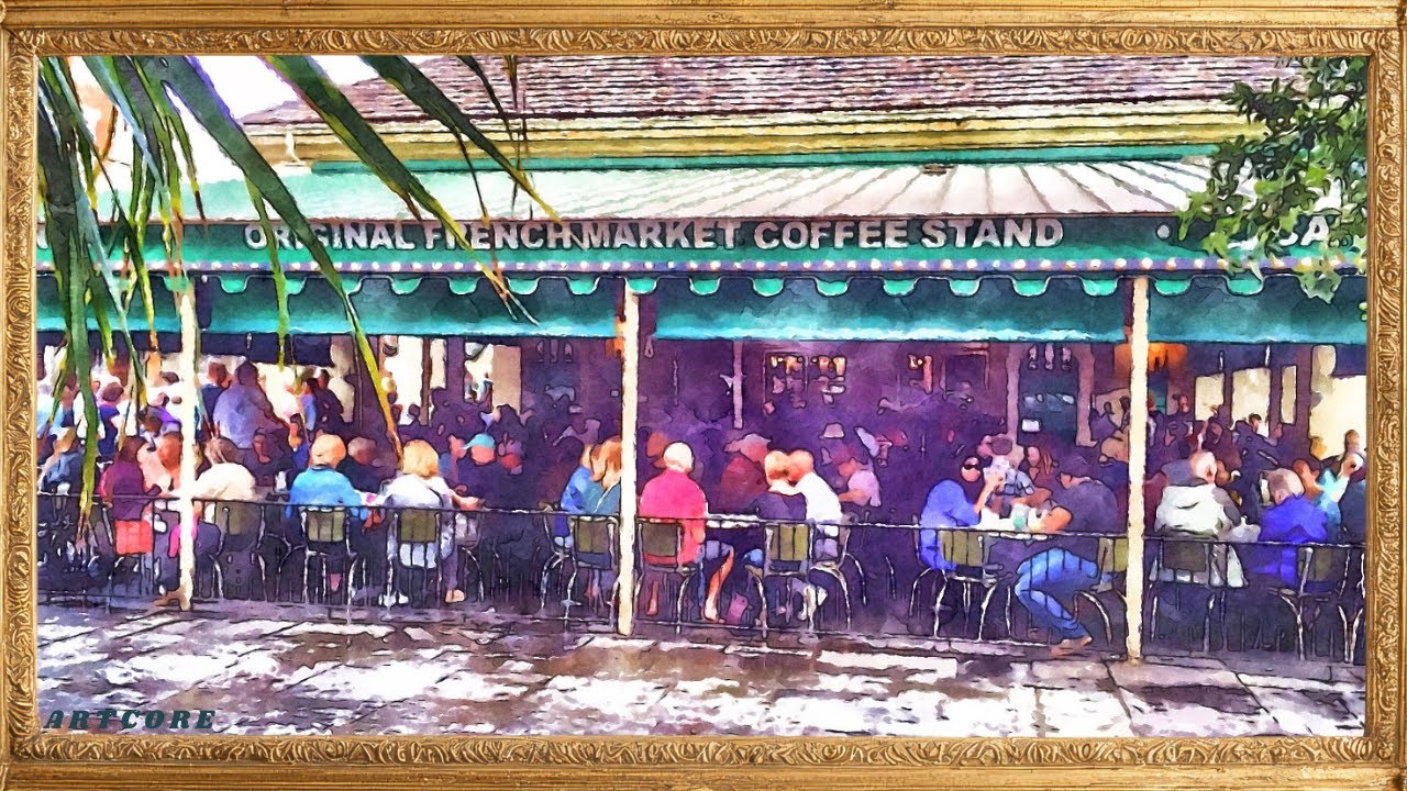 CAFE DU MONDE WATERCOLOR TV ART GOLD FRAME SCREENSAVER | NEW ORLEANS LANDSCAPE PAINTING BACKGROUND