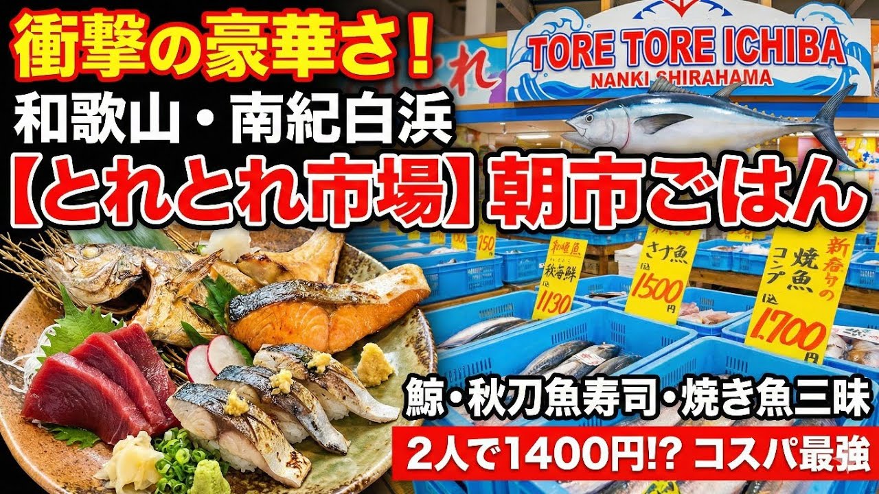 【食事動画】和歌山・南紀白浜「とれとれ市場」のご当地グルメ朝ごはん！鯨刺身、秋刀魚寿司、鮭焼きなどDHA豊富な海鮮三昧！